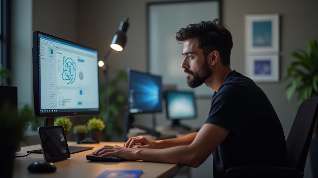 Animador trabalhando com software de design, logótipo em movimento na tela, estúdio moderno