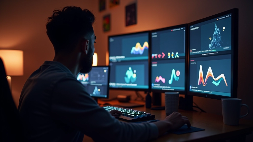 Estação de trabalho com múltiplos monitores mostrando a mesma animação em diferentes resoluções e contextos