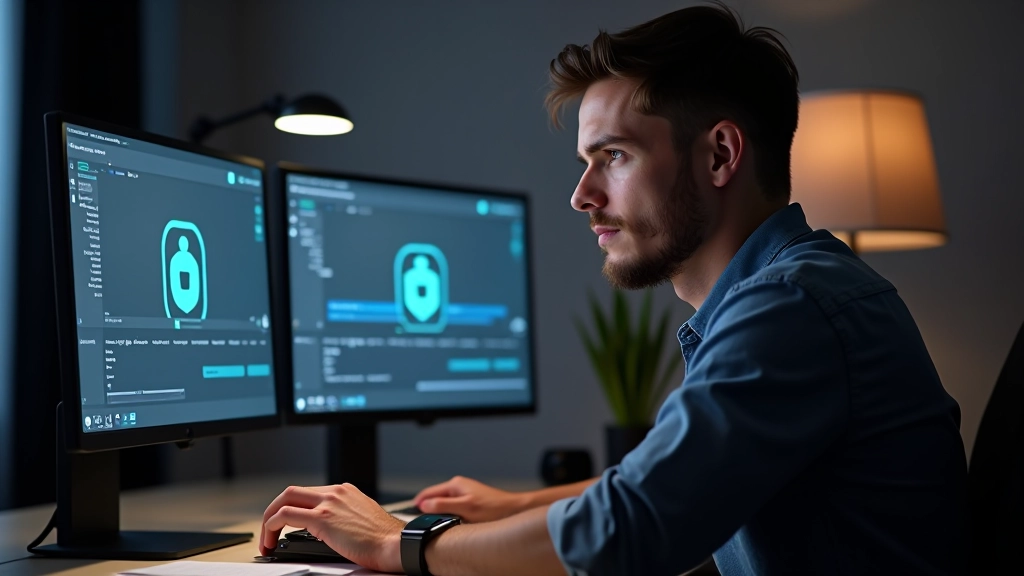 Designer animador trabalhando em estação de trabalho com dois monitores mostrando timeline de animação e frames de logótipo