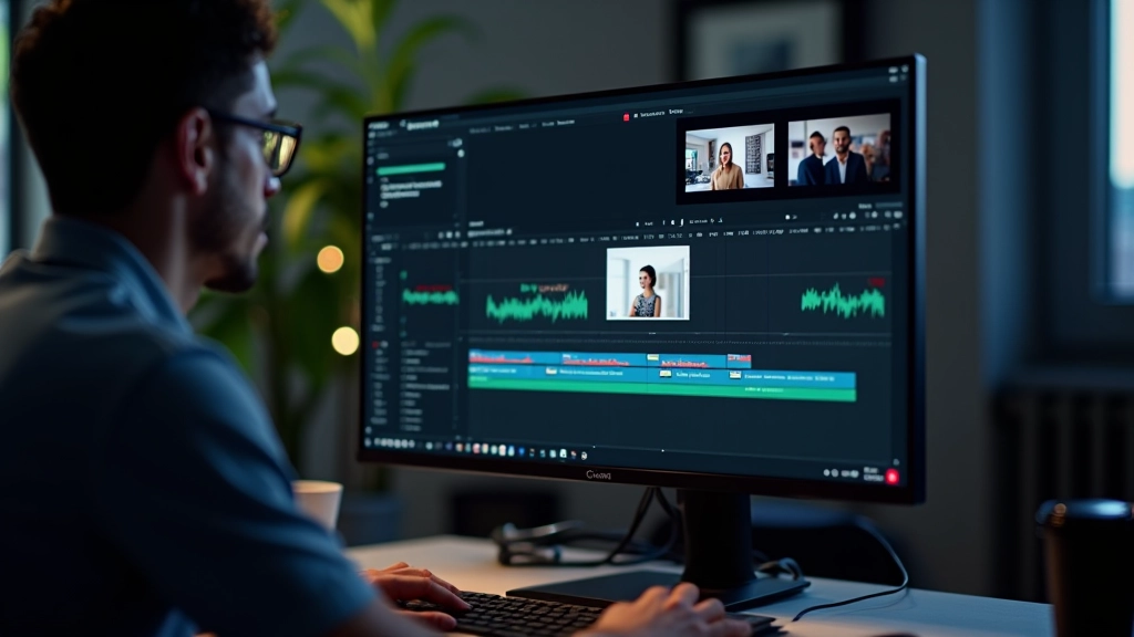 Tela de computador exibindo software de edição de vídeo com múltiplas faixas de áudio e clips de animação de marca organizados em timeline